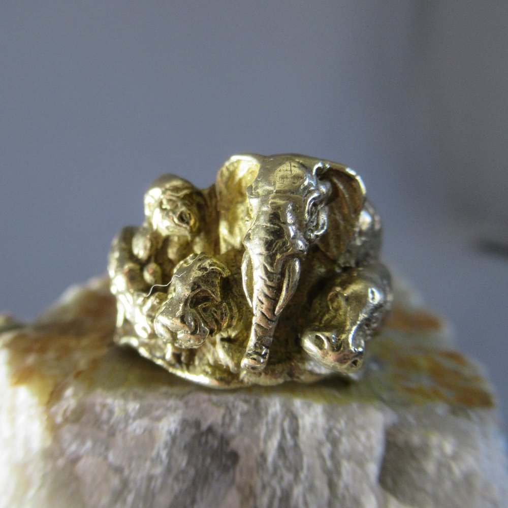 Bronze Wild Kingdom Ring, Artisan Africa Golden Brass